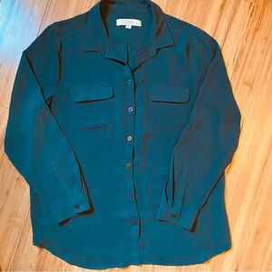 Ann Taylor Loft Petite Small Hunter Green Convertible Sleeve Blouse Button-Up